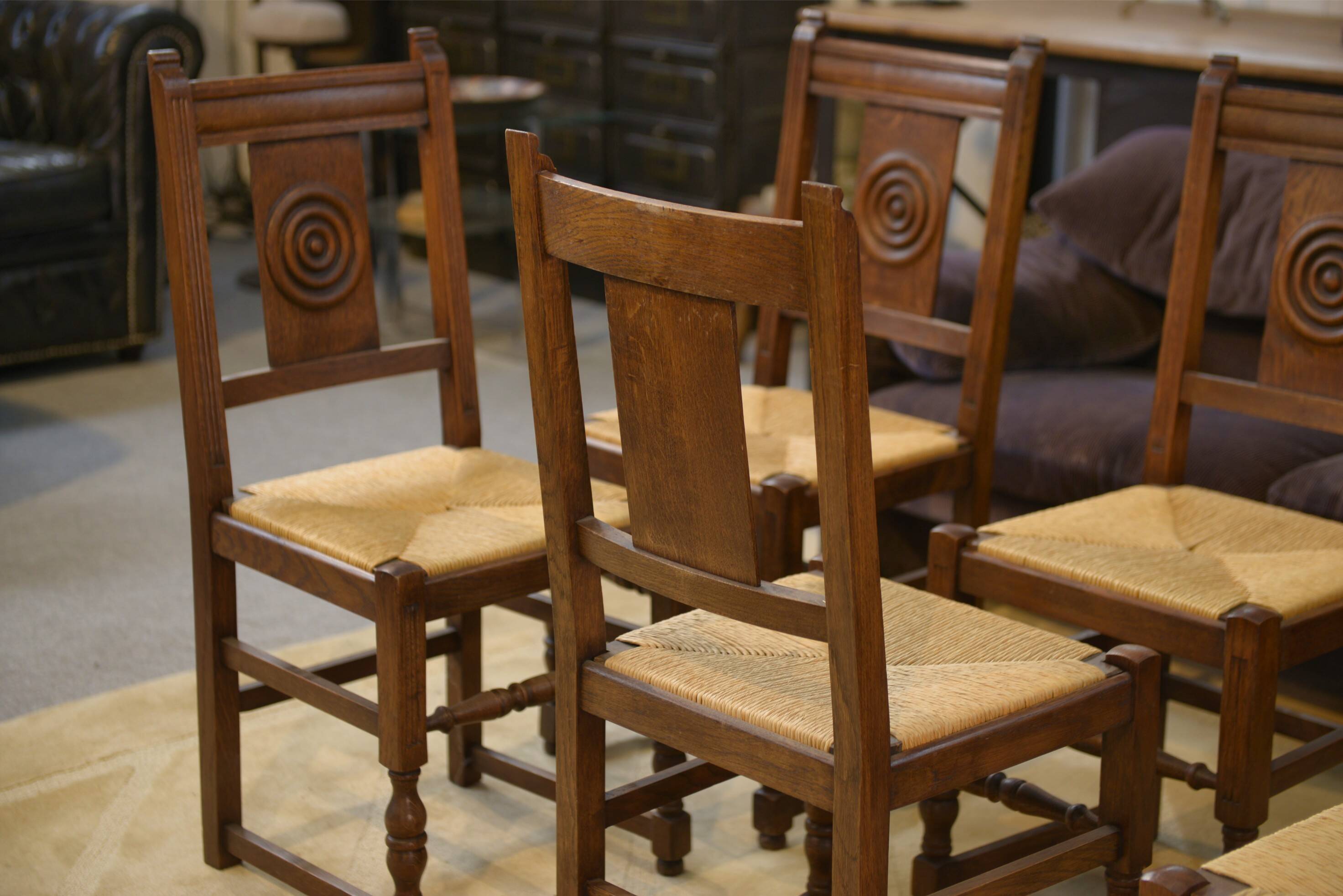 Set of 6 brutalist oak chairs from the 1950s.