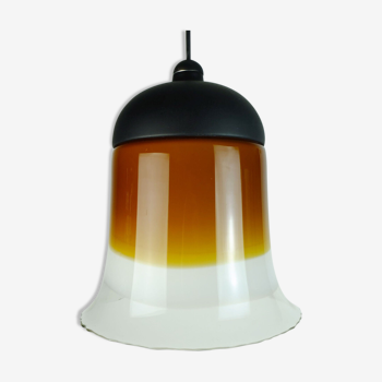 Mid century pendant light peill & putzler 1970s amber white and clear glass shade model ah 191