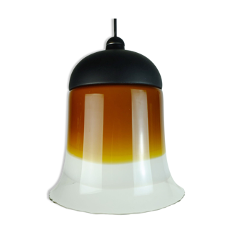 Mid century pendant light peill & putzler 1970s amber white and clear glass shade model ah 191