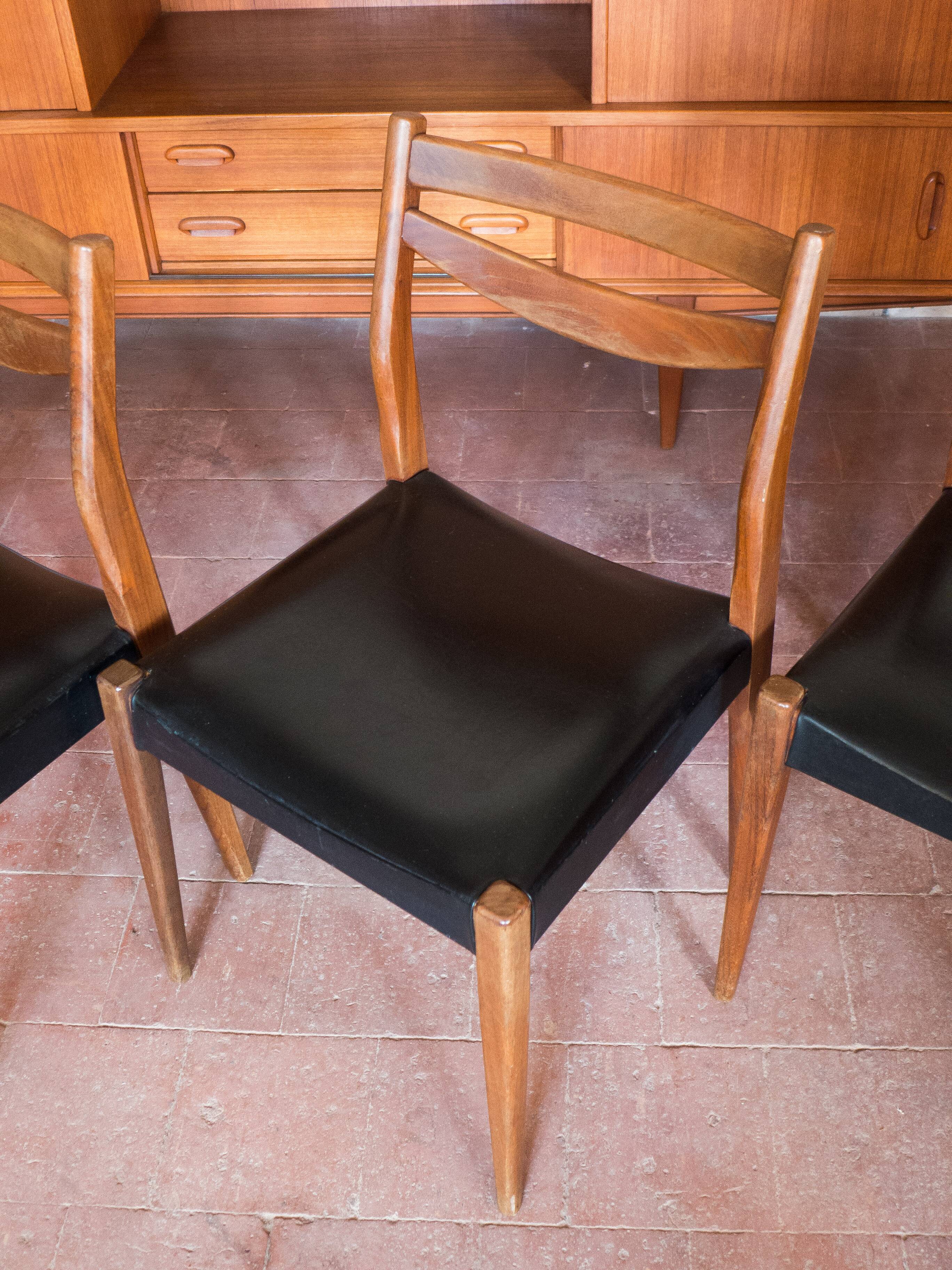 Set of 4 wooden and black faux leather chairs, Scandinavian style, wooden chair