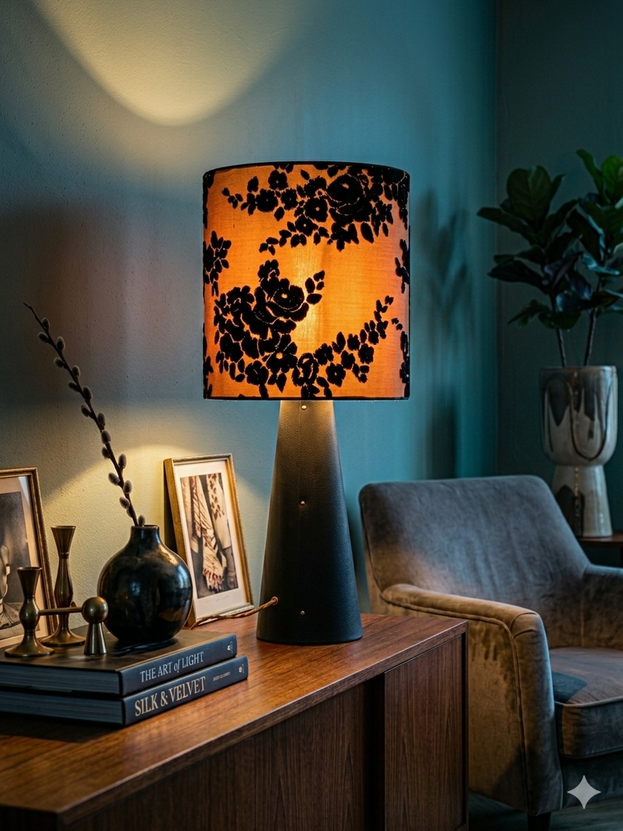 Grande lampe à poser - Abat-jour Soie & Velours Ancien - Pied Gainé Sk