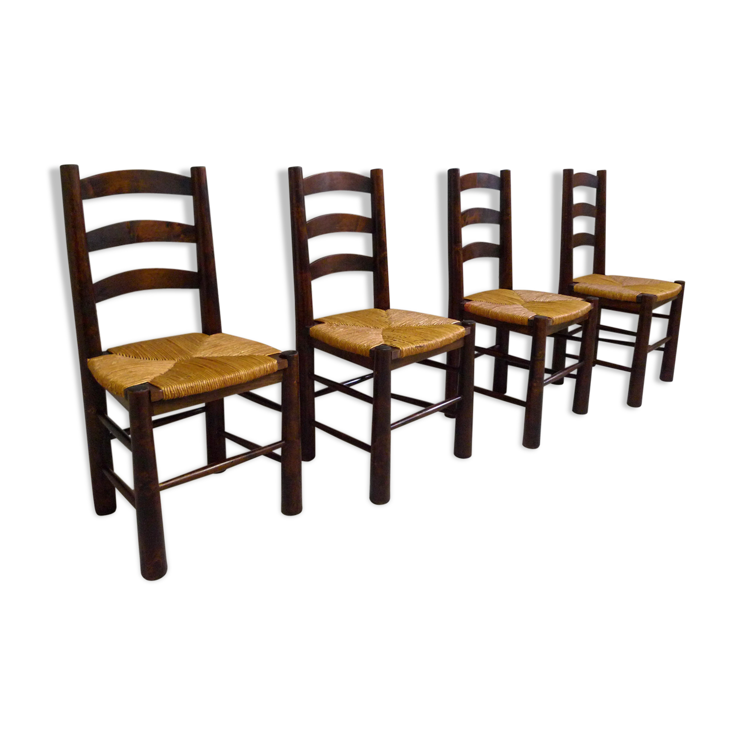 Series of 4 wooden chairs and straw