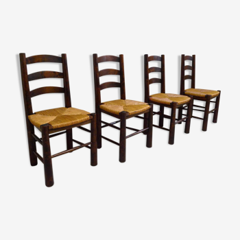 Série de 4 chaises bois & paille