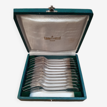 12 fourchettes à désert en métal argenté Ravinet d'Enfert Paris,  avec boîte d'origine