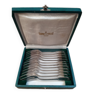 12 ravinet d'Enfert Paris silver metal desert forks, with original box