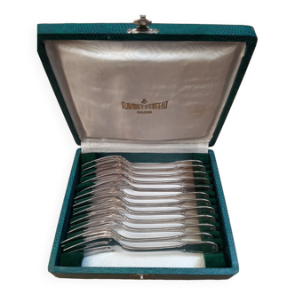 12 fourchettes à désert en métal argenté Ravinet d'Enfert Paris,  avec boîte d'origine