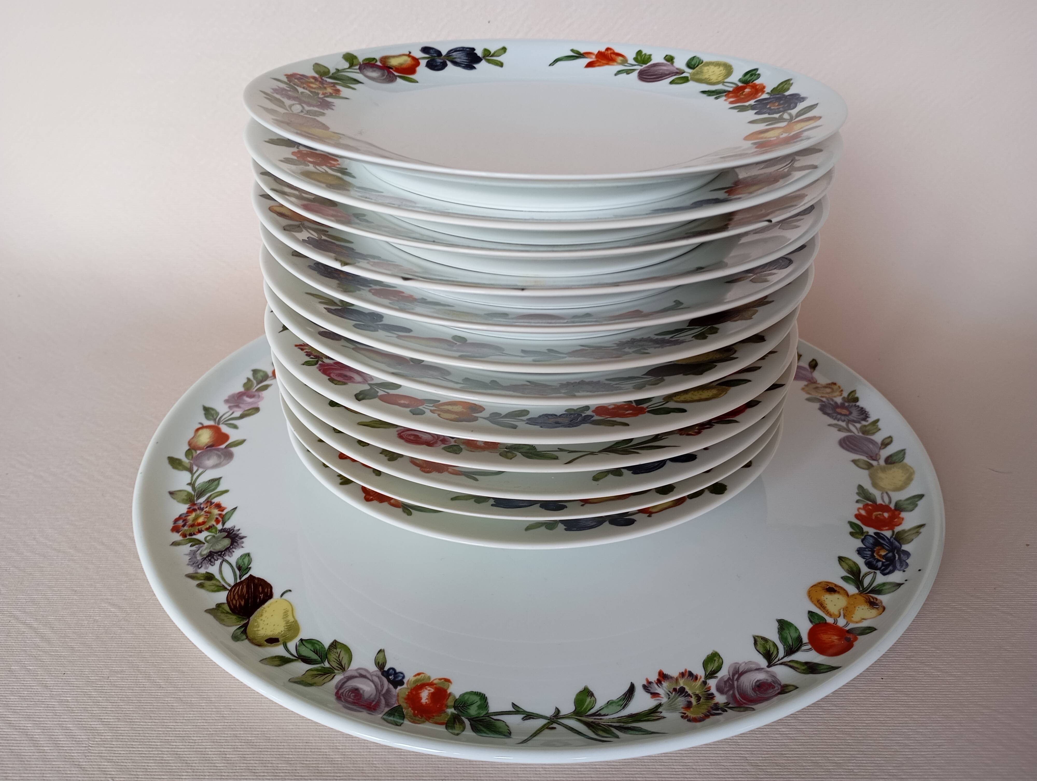 Dish & 12 dessert plates Porcelain of Paris "The Four Seasons"
