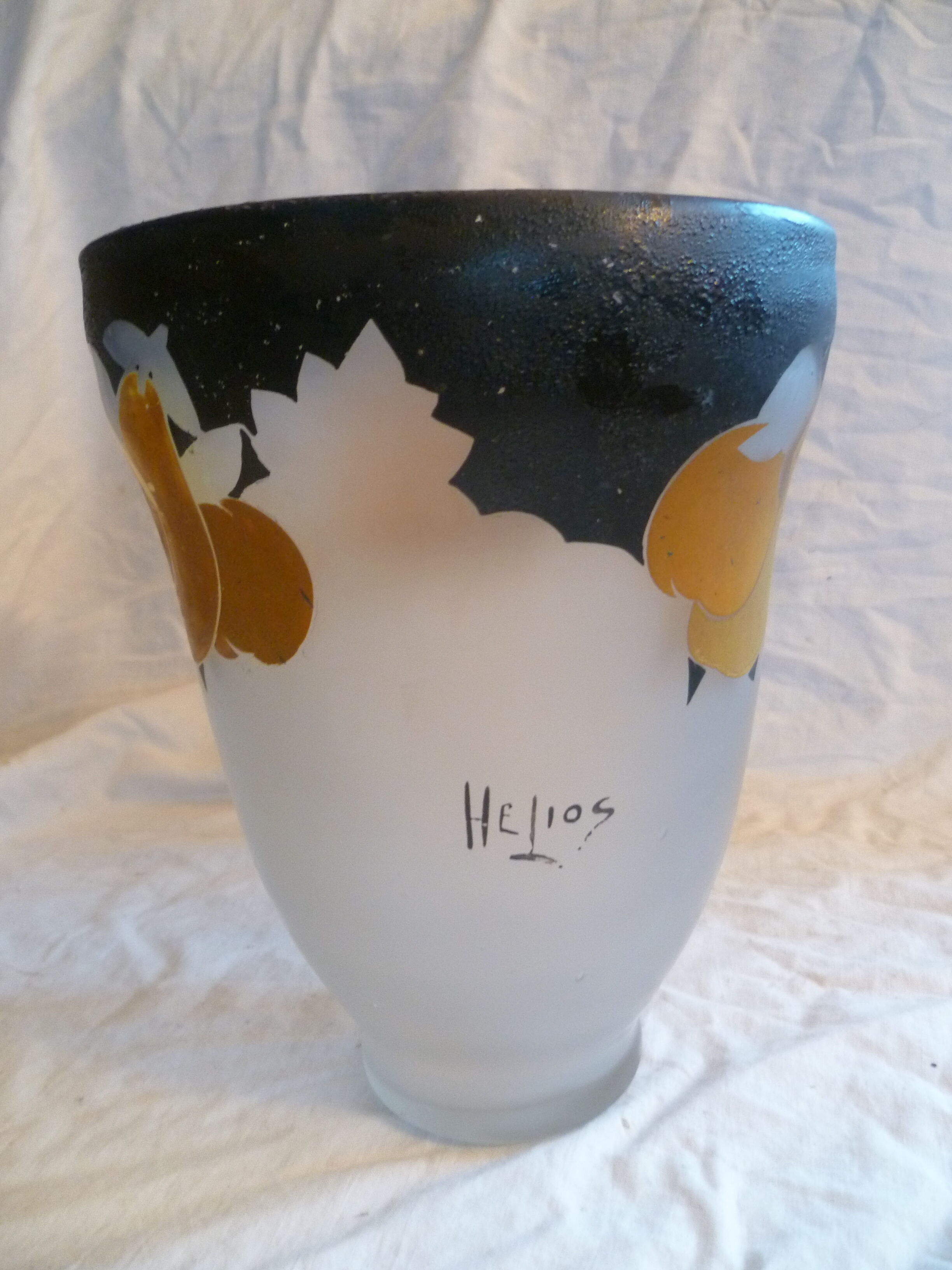 Art deco vase in hand-painted frosted blown glass fruit decoration signed helios