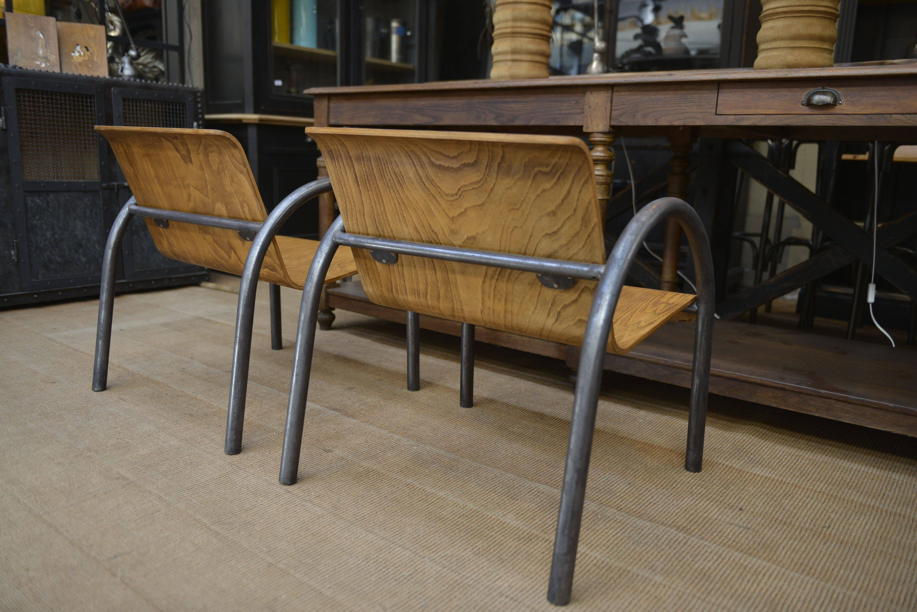 Pair of Vintage Design Armchairs in Metal and Wood, 1950s
