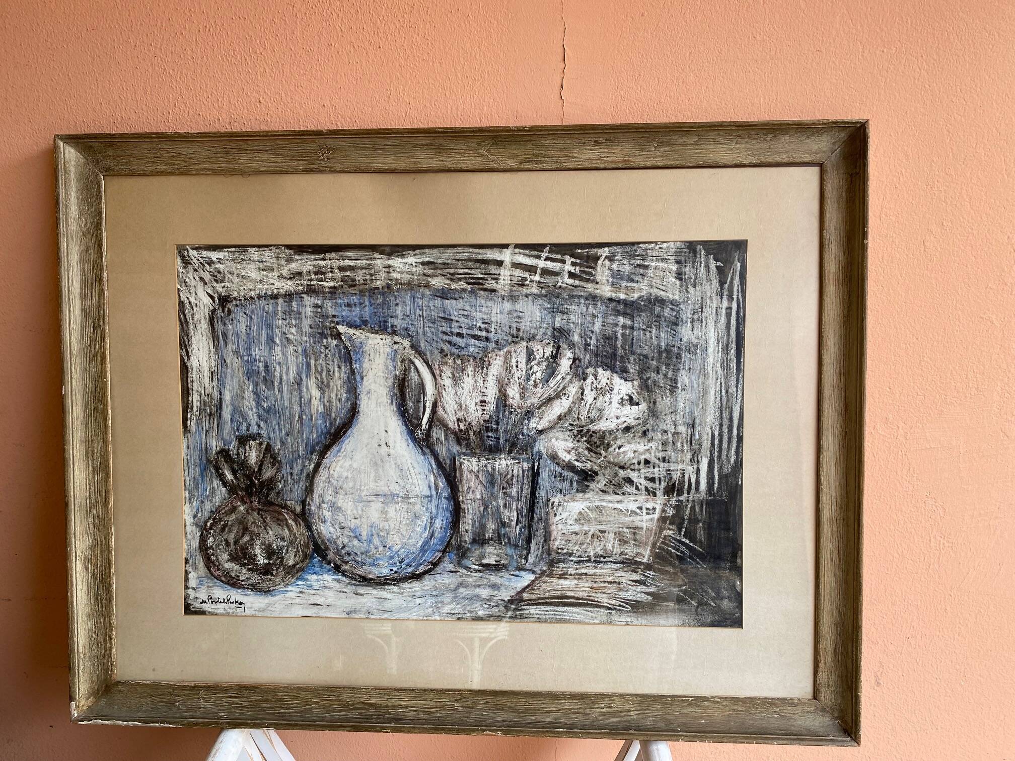 Still life modern gouache painting on paper signed and framed