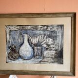 Still life modern gouache painting on paper signed and framed