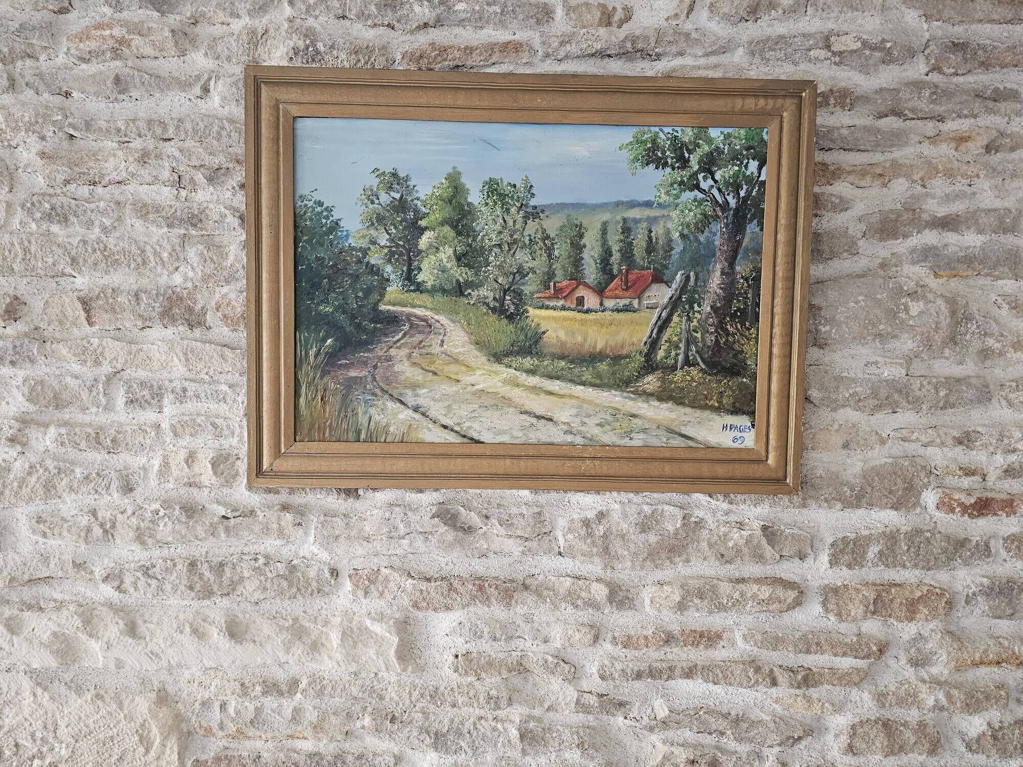 Oil painting on Isorel - Hilly countryside landscape Signed H Pages 1969