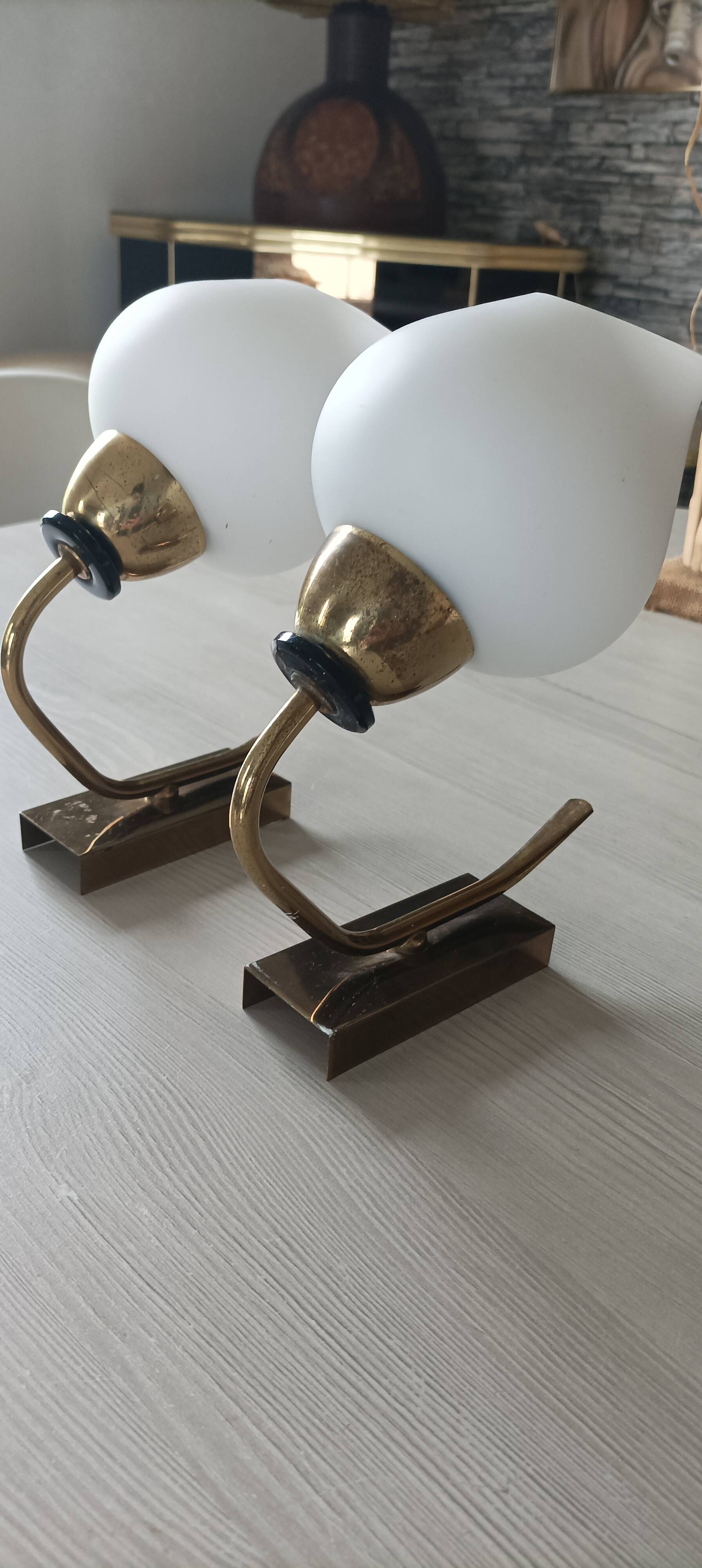 Vintage arlus wall lights in brass and glass 1950