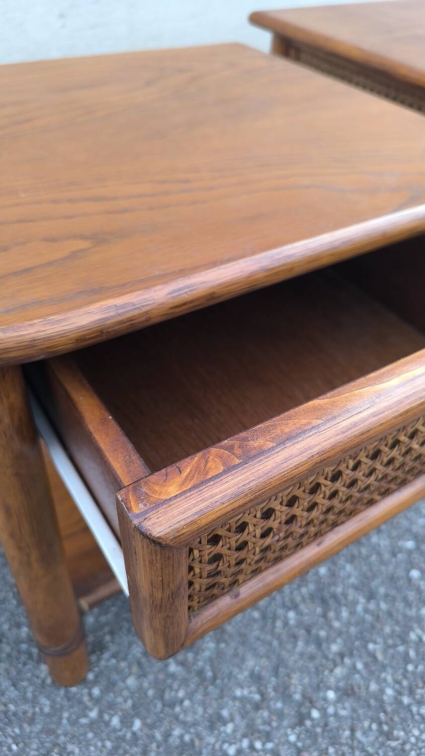 Pair of rattan and wood bedside tables from the 80s