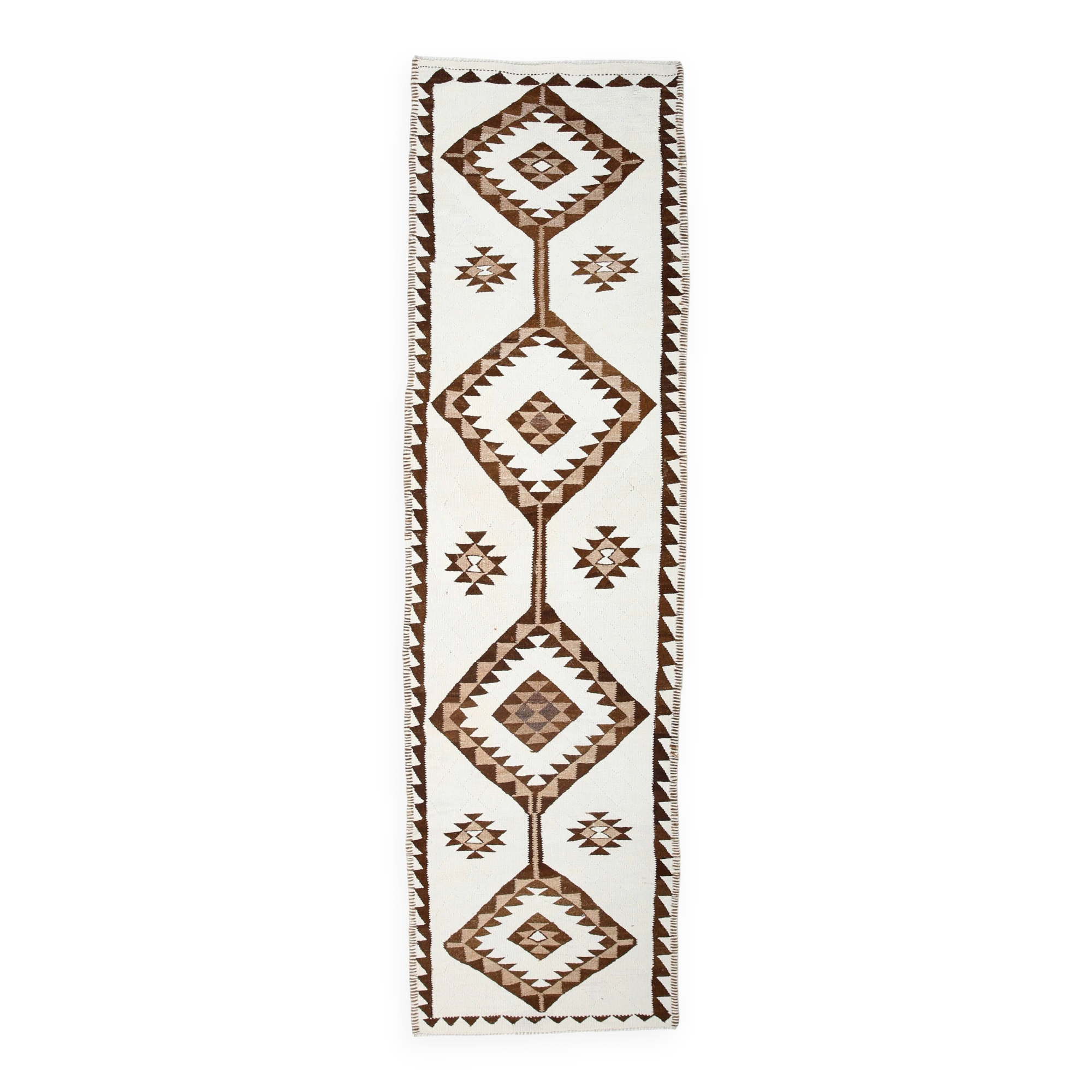3x12 Geometric Beige & Brown Kilim Runner Rug, 102x357Cm
