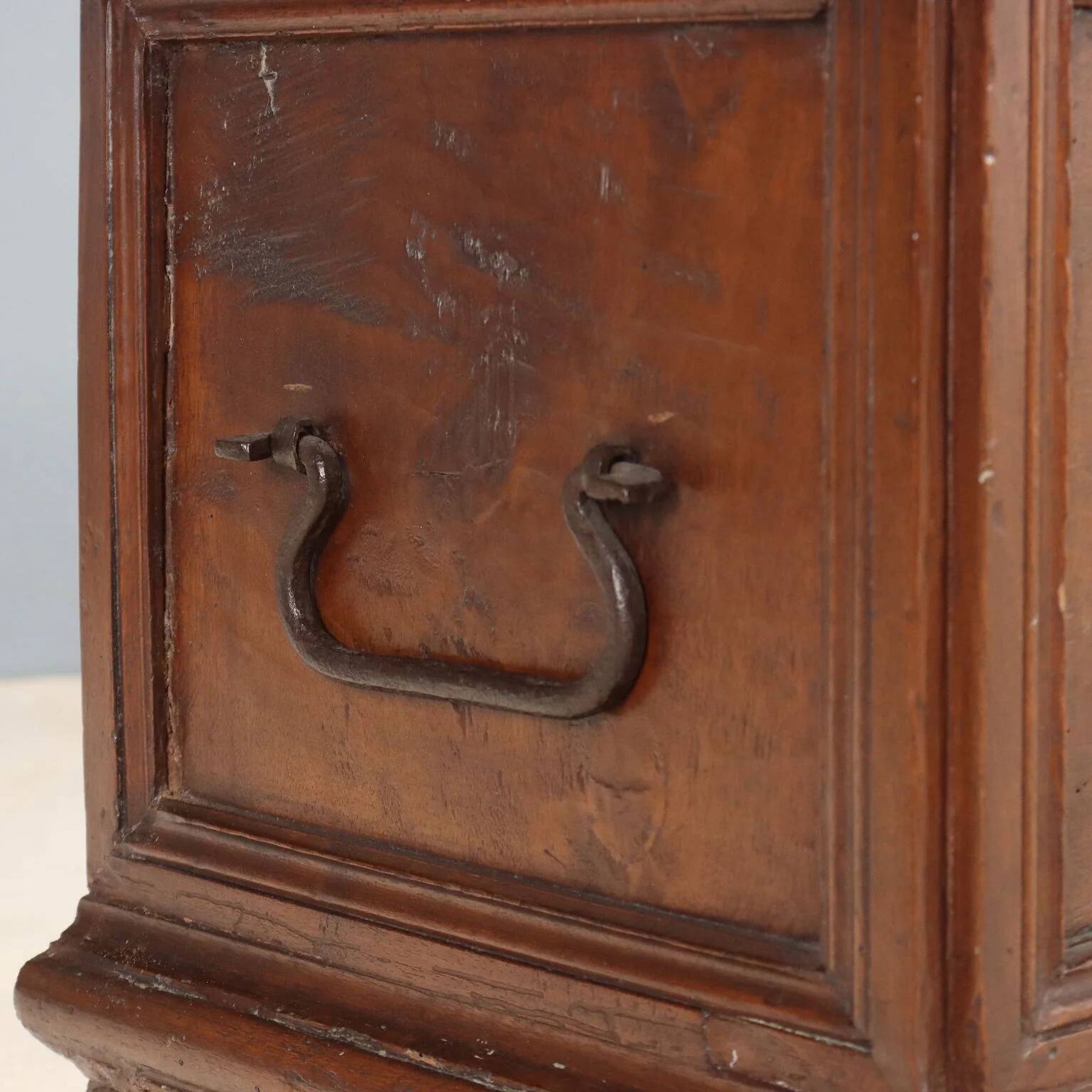 Antique walnut chest with wrought iron handles, Italy, 18th century.