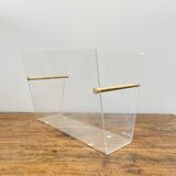 Superb magazine rack in plexiglass and brass by David Lange