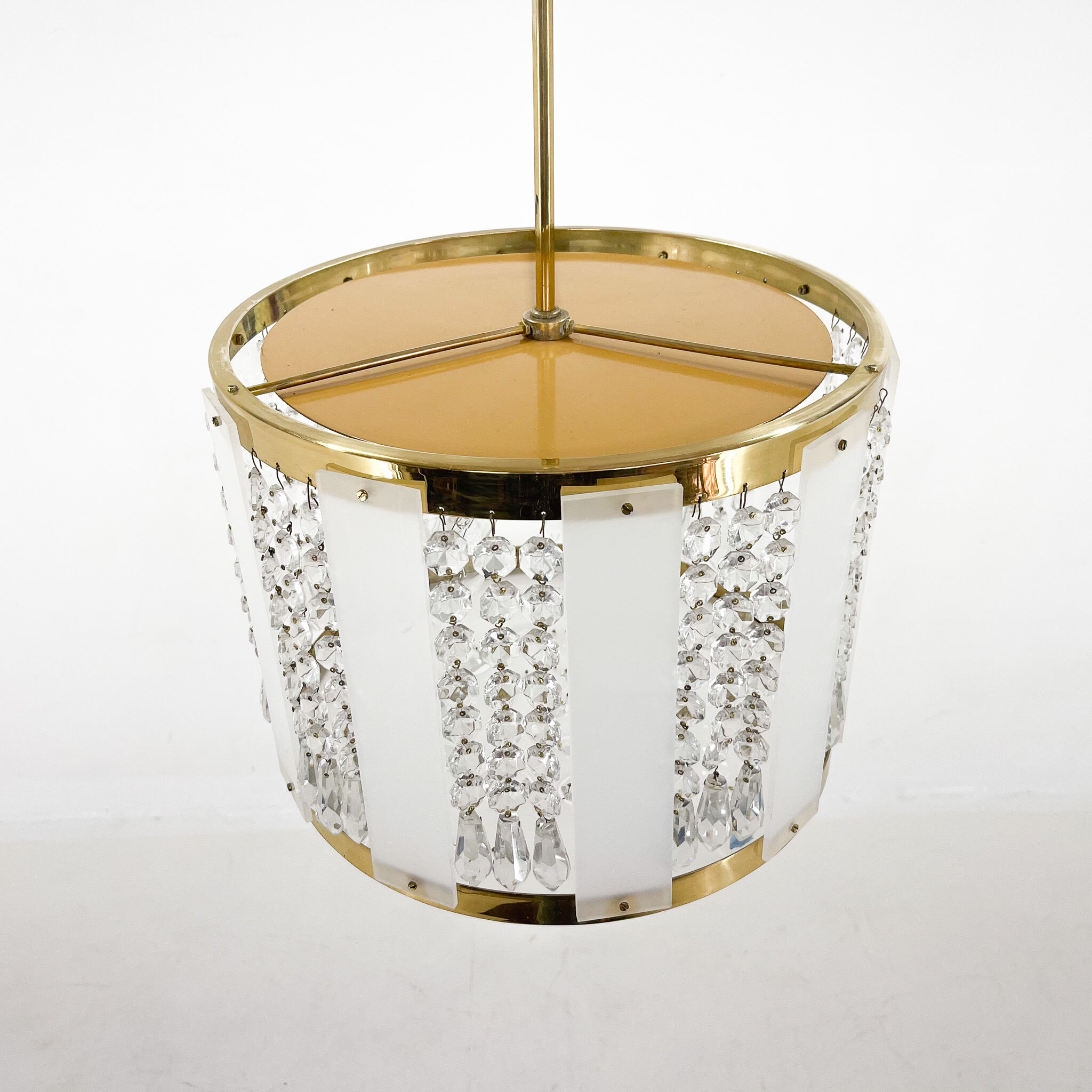 1970's Brass & Crystal Pendant Light by Novy Bydzov Glasswork, Czechoslovakia