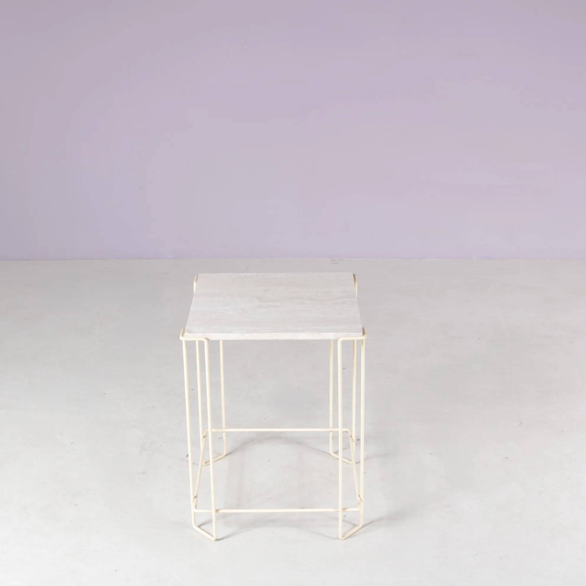 1980s side table beige metal frame with travertine top in the style of Max Sauze
