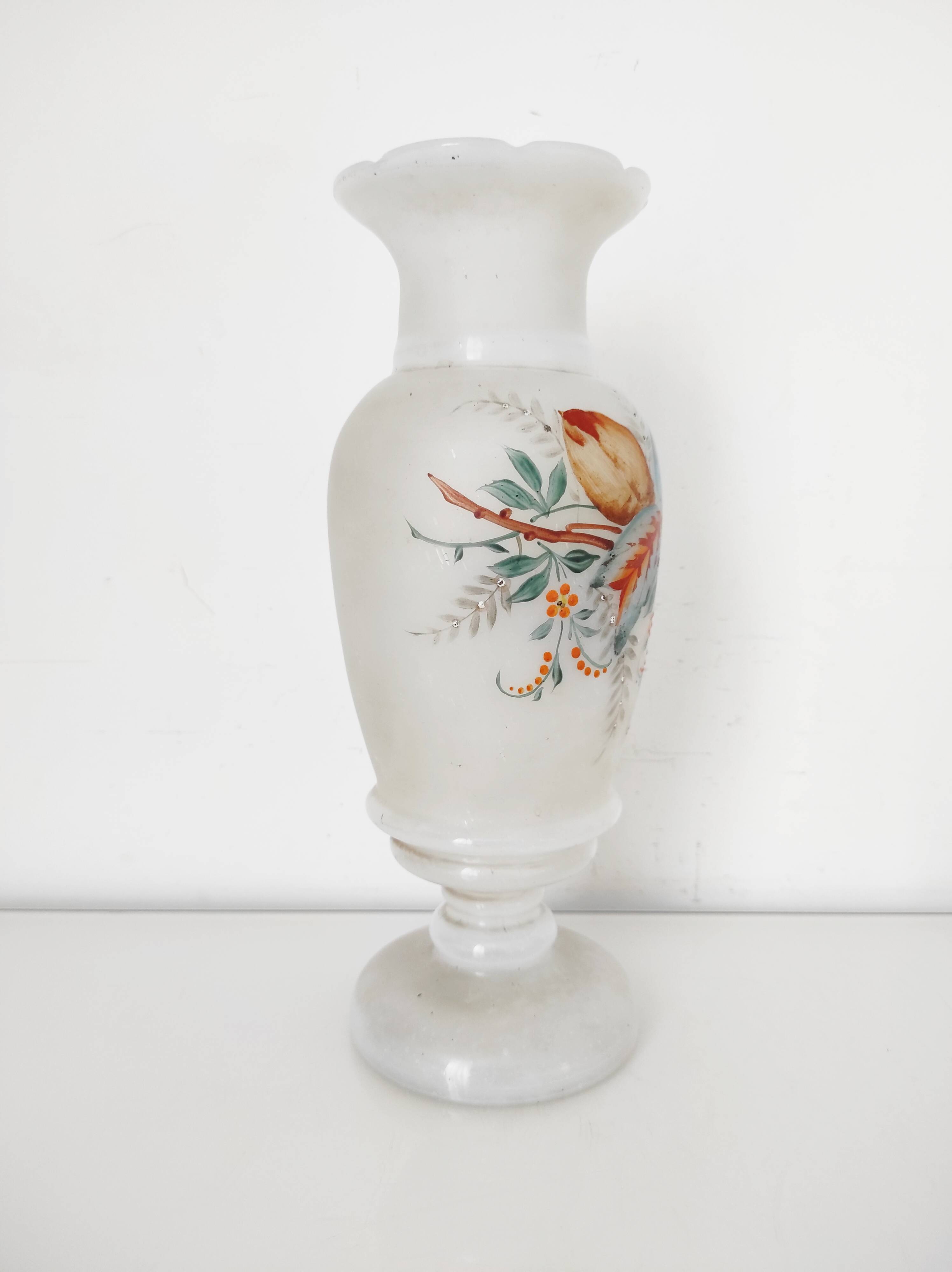 Opaline glass vase with hand-painted flowers, 1900