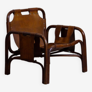 Safari armchair in leather and bamboo by Tito Agnoli, 1960