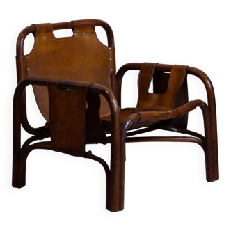 Safari armchair in leather and bamboo by Tito Agnoli, 1960