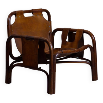 Fauteuil safari en cuir et bambou par Tito Agnoli, 1960