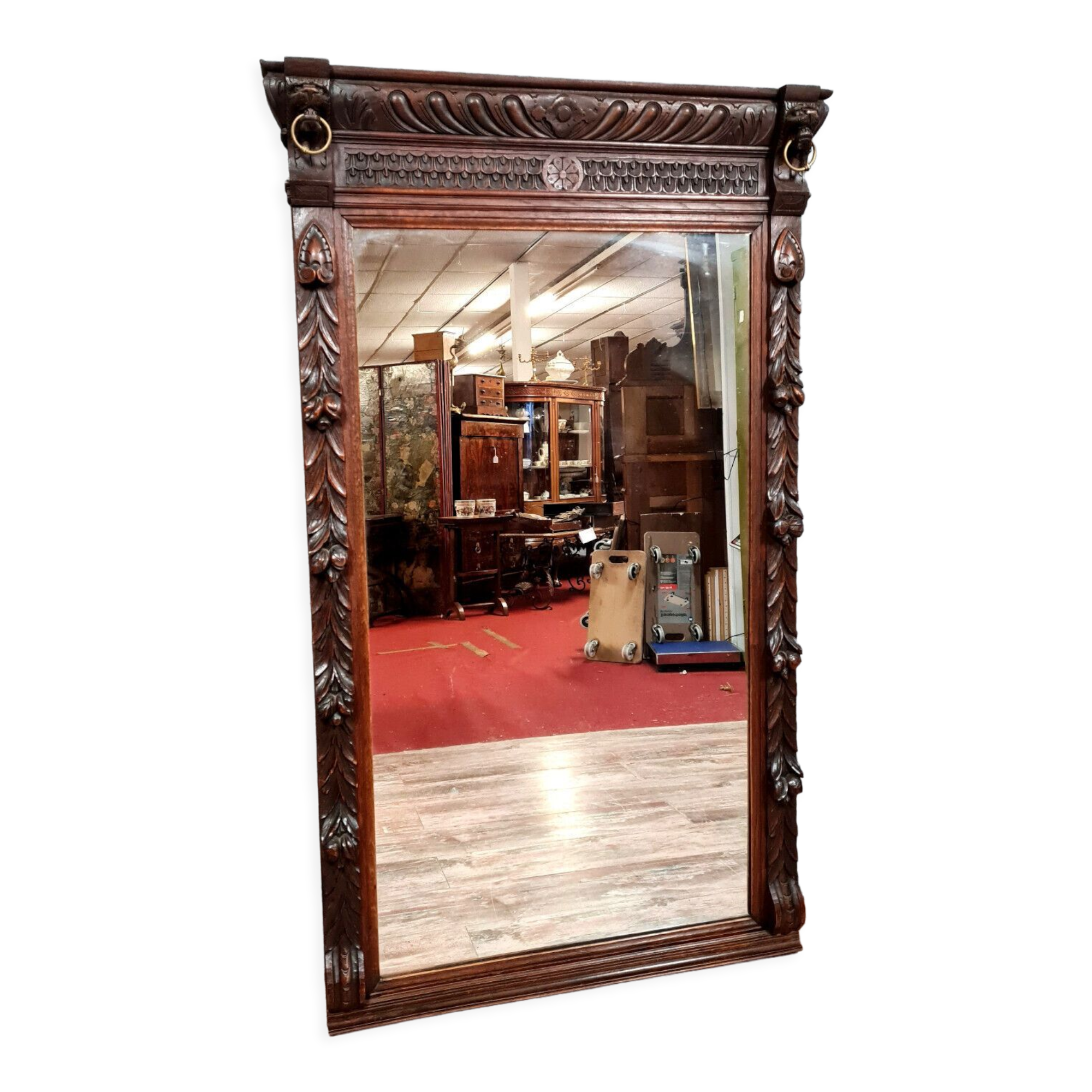 Renaissance mirror in solid oak with brown patina circa 1850, 165x97 cm
