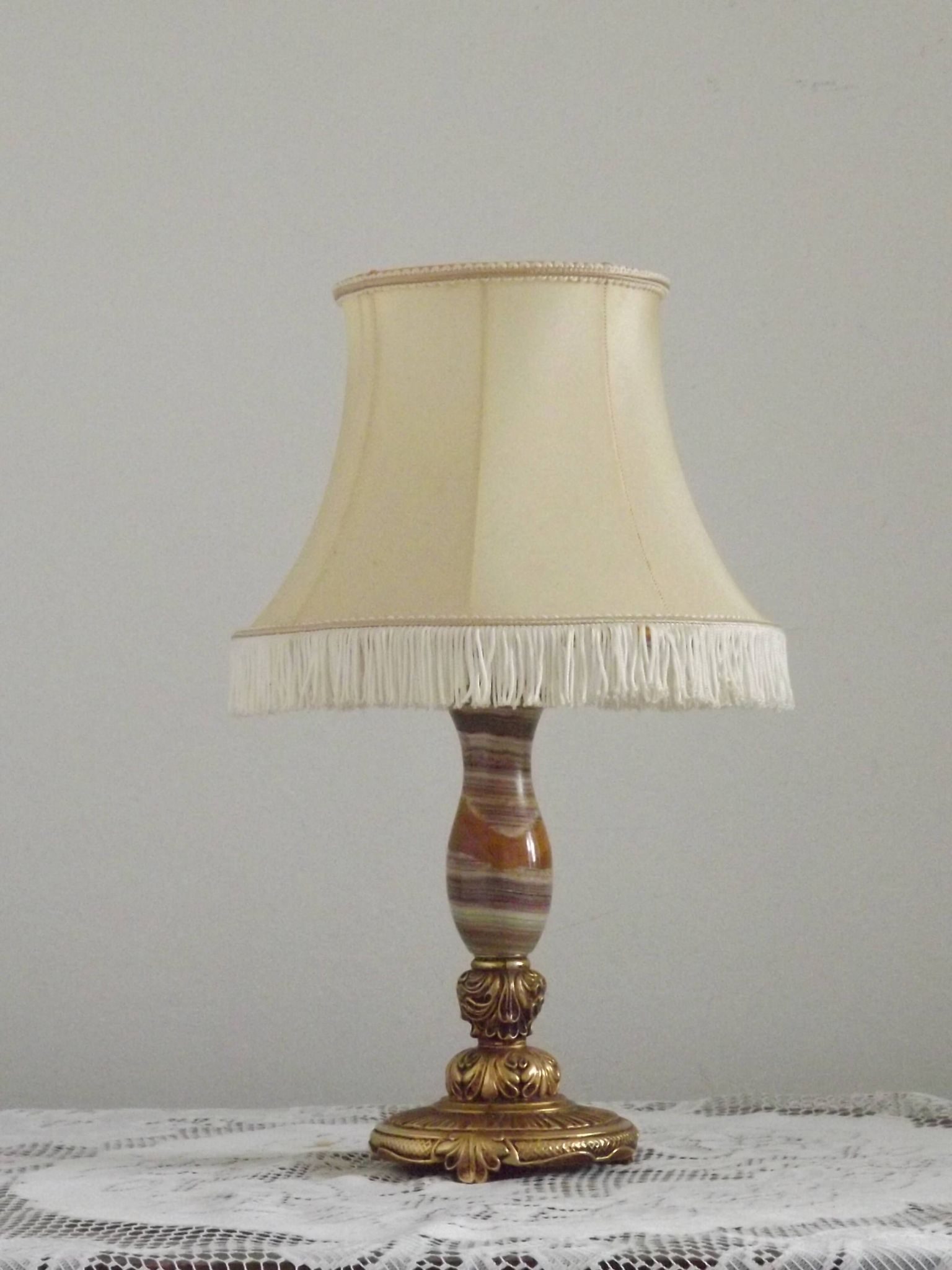 Vintage French Round Brass and Onyx Table Lamp With Cream Fringed Shade