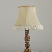 Vintage French Round Brass and Onyx Table Lamp With Cream Fringed Shade