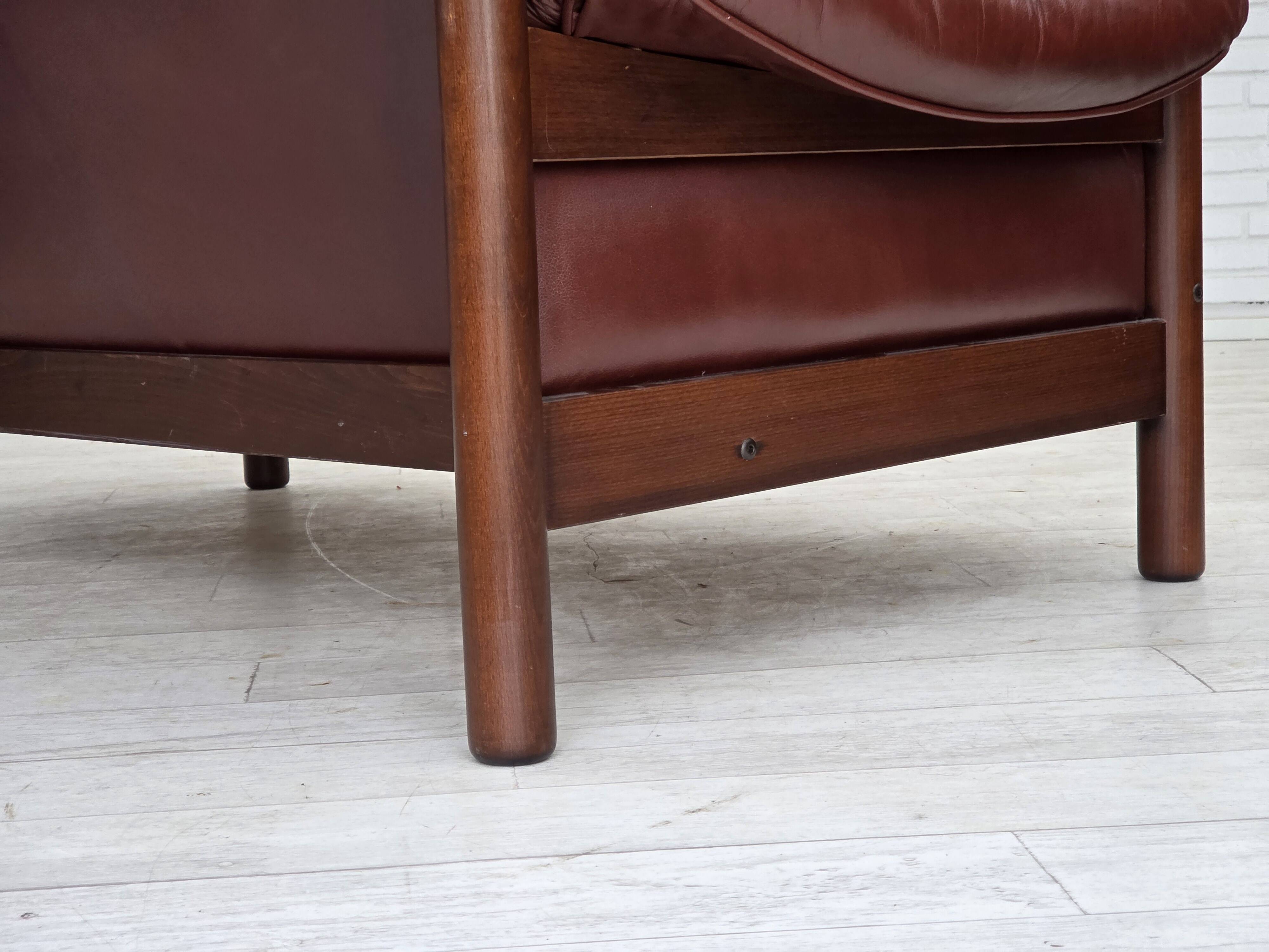 1970s, 2-seater Swedish sofa, brown leather with patina, dark beech wood.