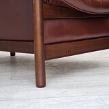 1970s, 2-seater Swedish sofa, brown leather with patina, dark beech wood.