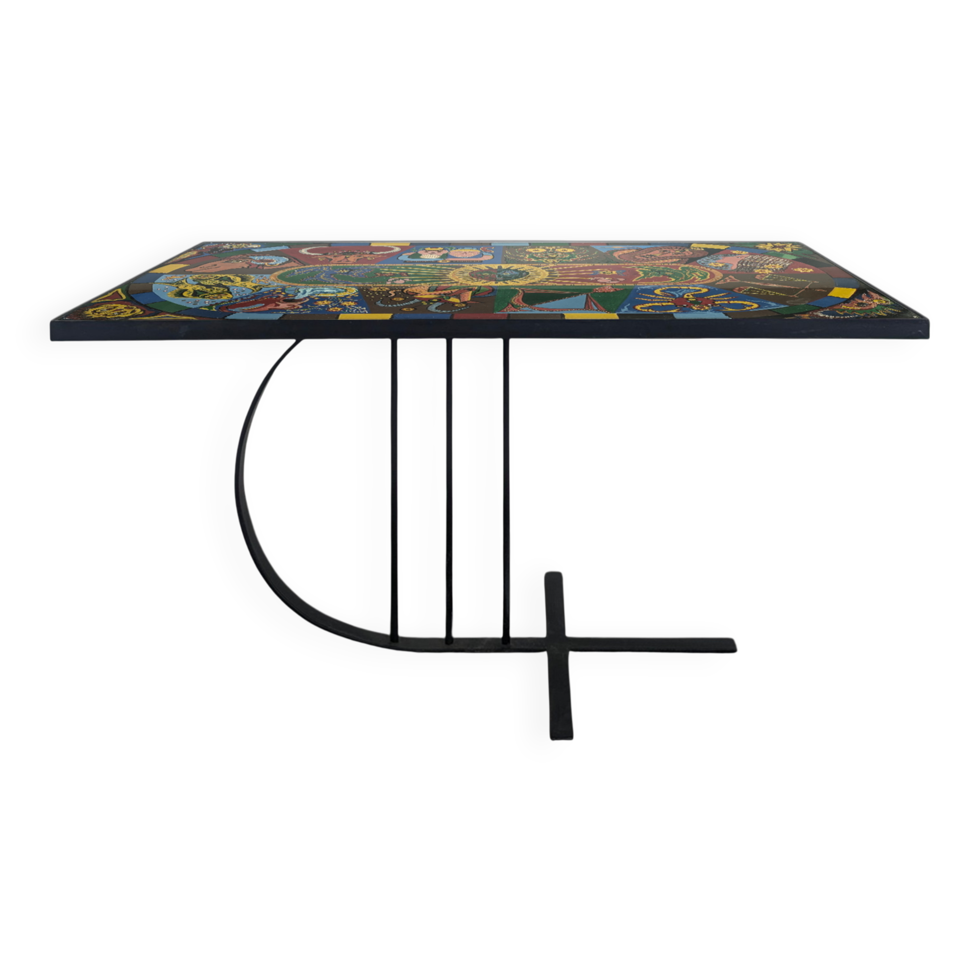 Chrome steel coffee table with zodiac signs decoration.