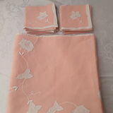 Old square rose tablecloth with 8 towels, handmade