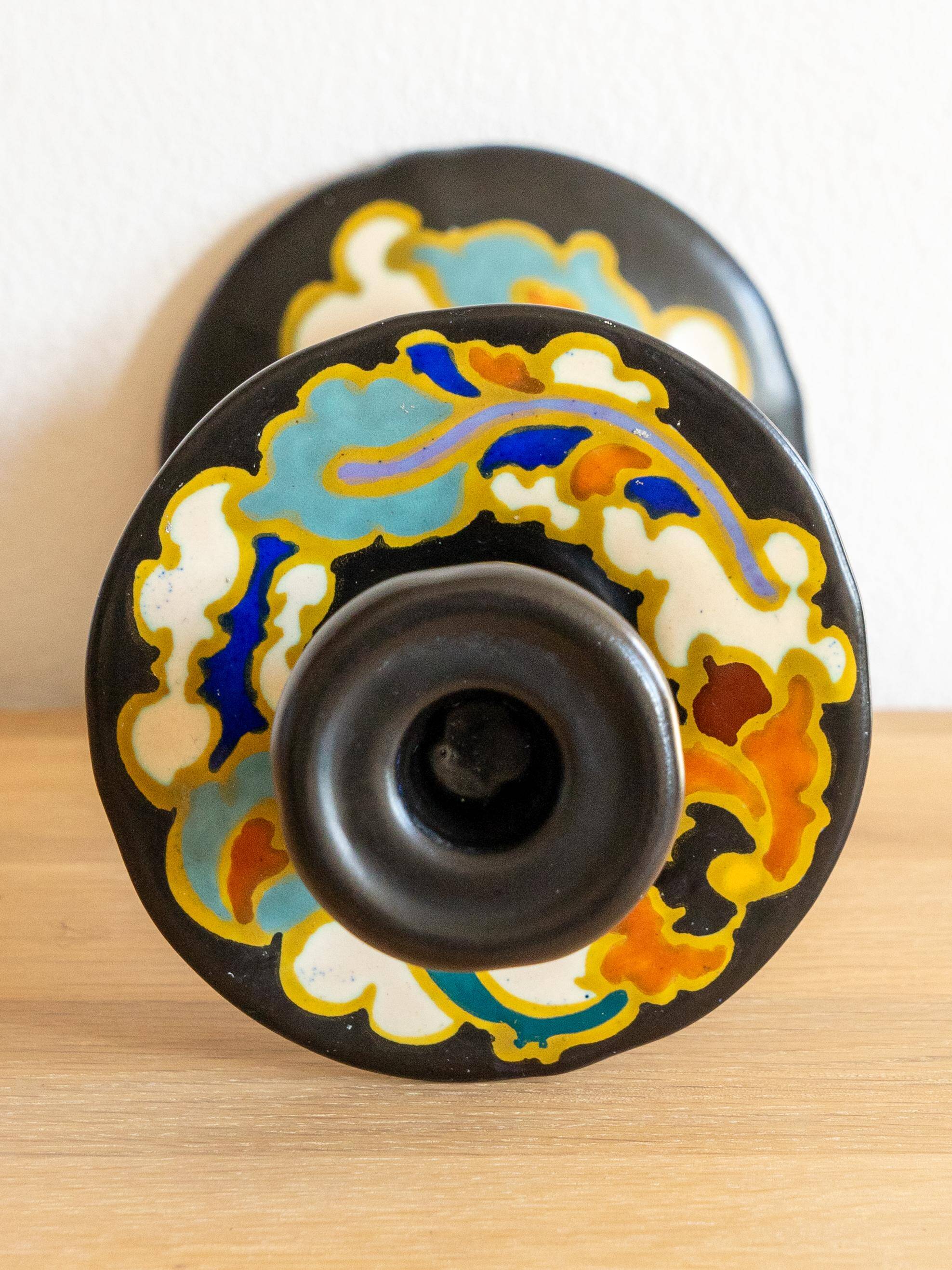Hand-painted ceramic candlestick in Art Deco Revival style, Dutch Gouda pottery.