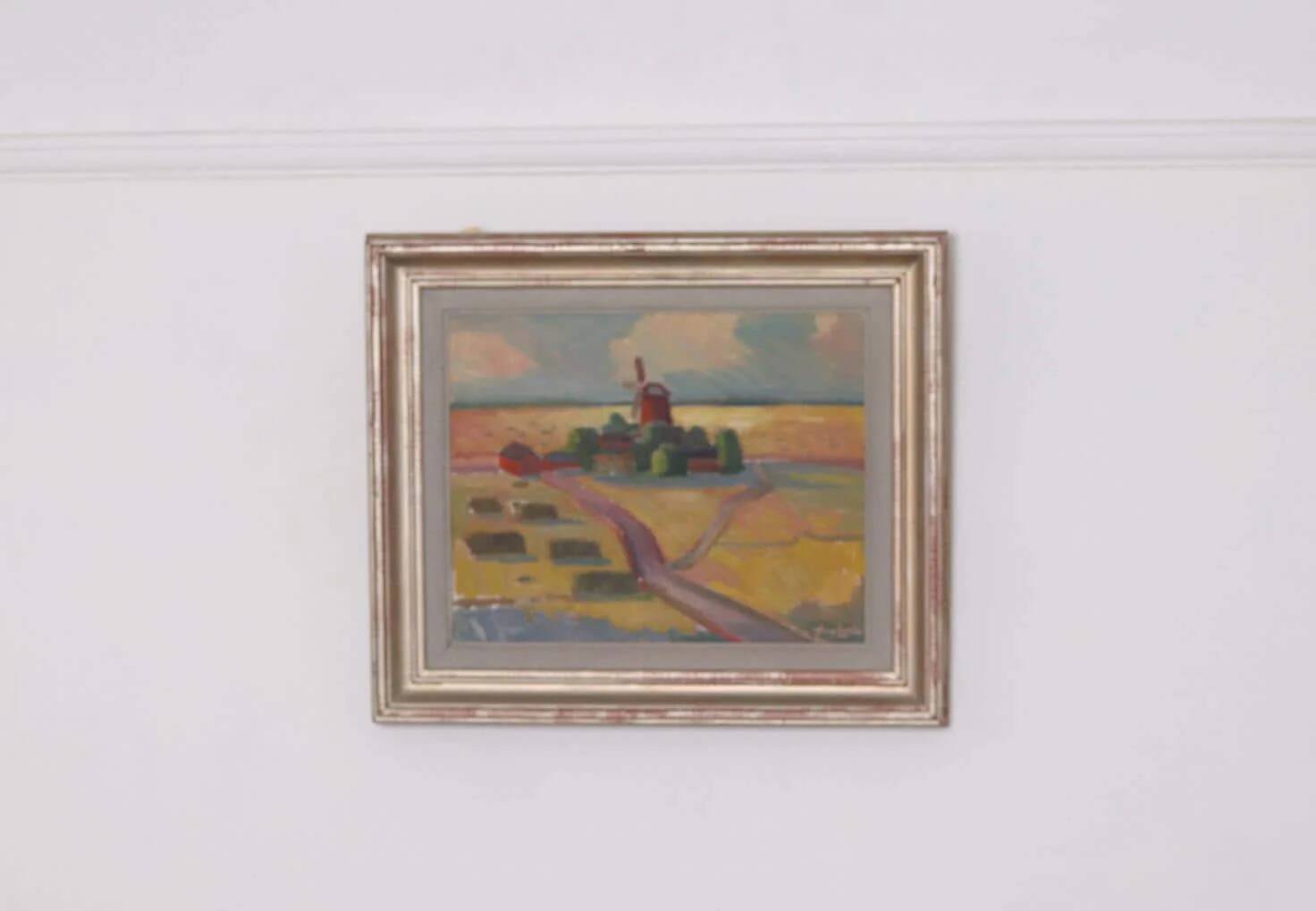 Huile sur toile originale suédoise – « Paysage avec moulin à vent » par Harry Sahlin