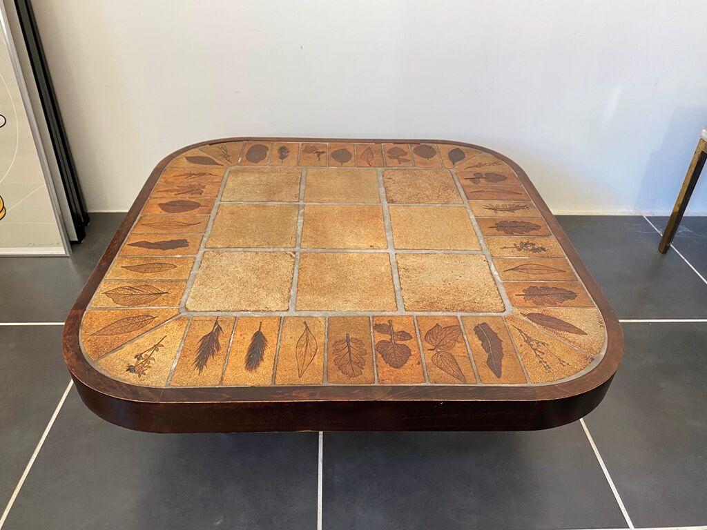 Coffee table Roger Capron ceramic herbarium and vintage wood year 1960