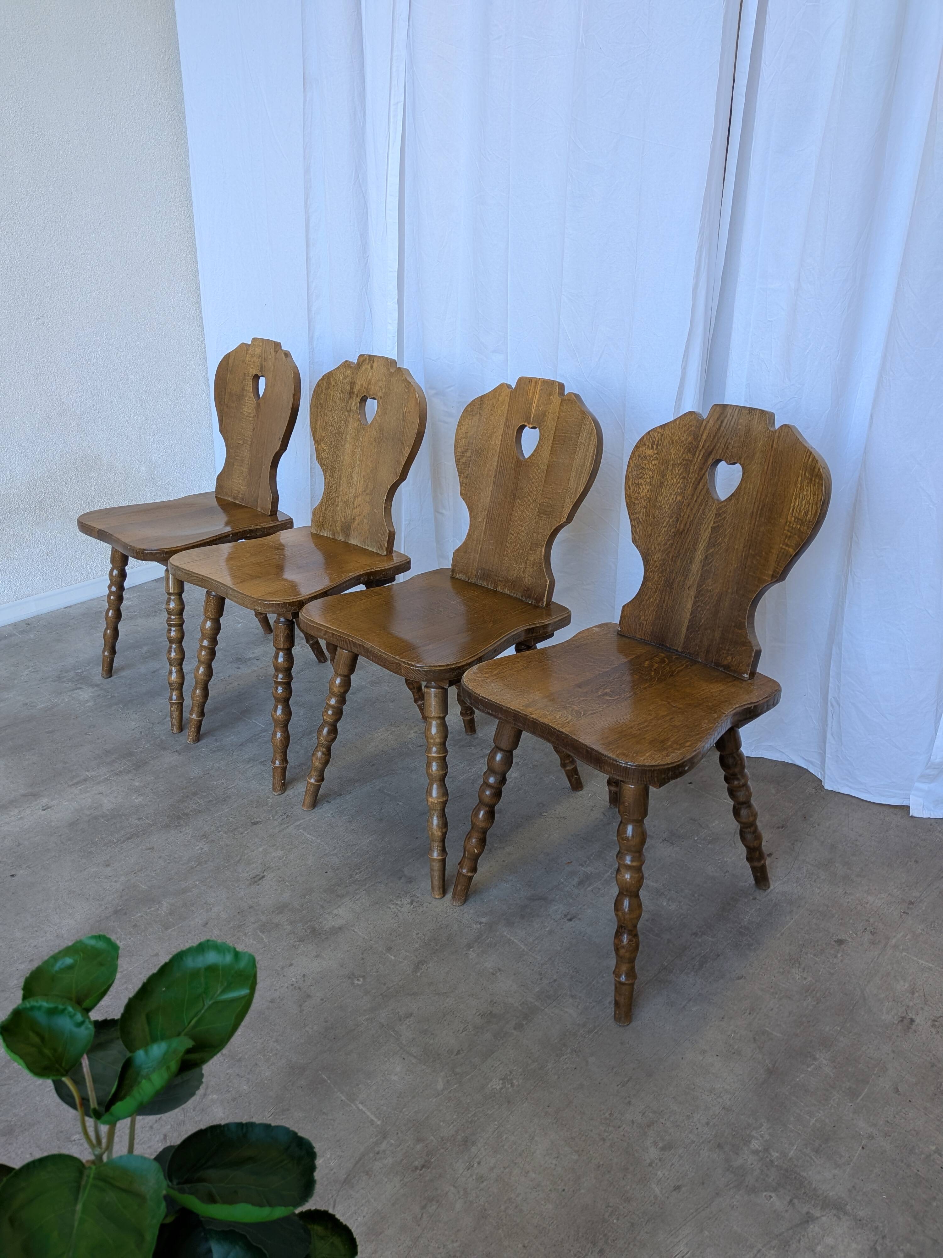 Set of 4 Vintage Tyrolean Heart Cutout Wooden Dining Chairs