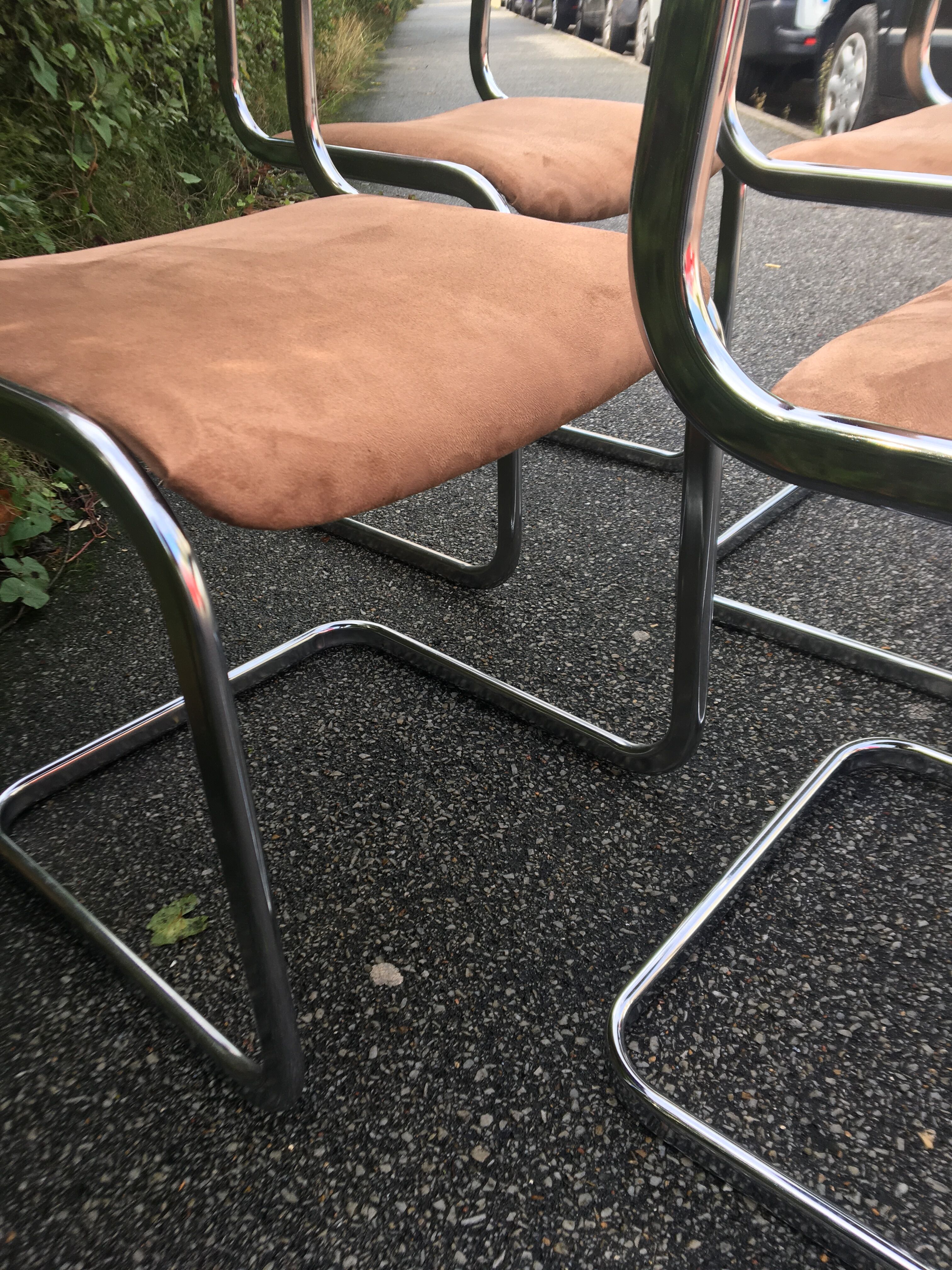 4  chrome steel chairs velvet tobacco 1970
