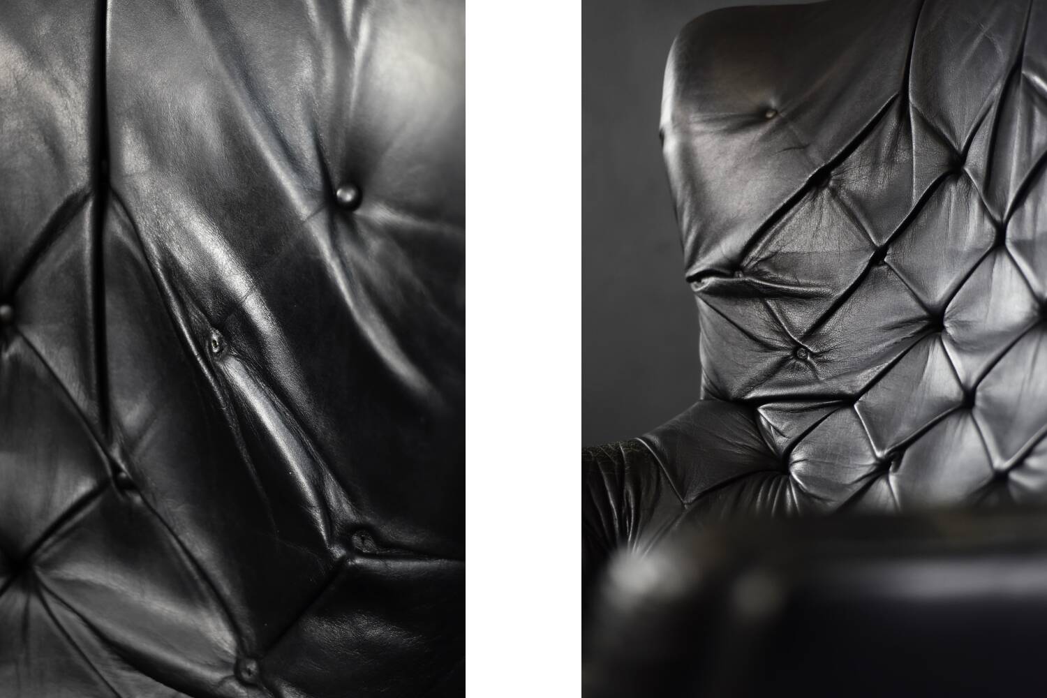 Vintage Danish modern wingback chair in black quilted leather, mid-20th century, 1960s.