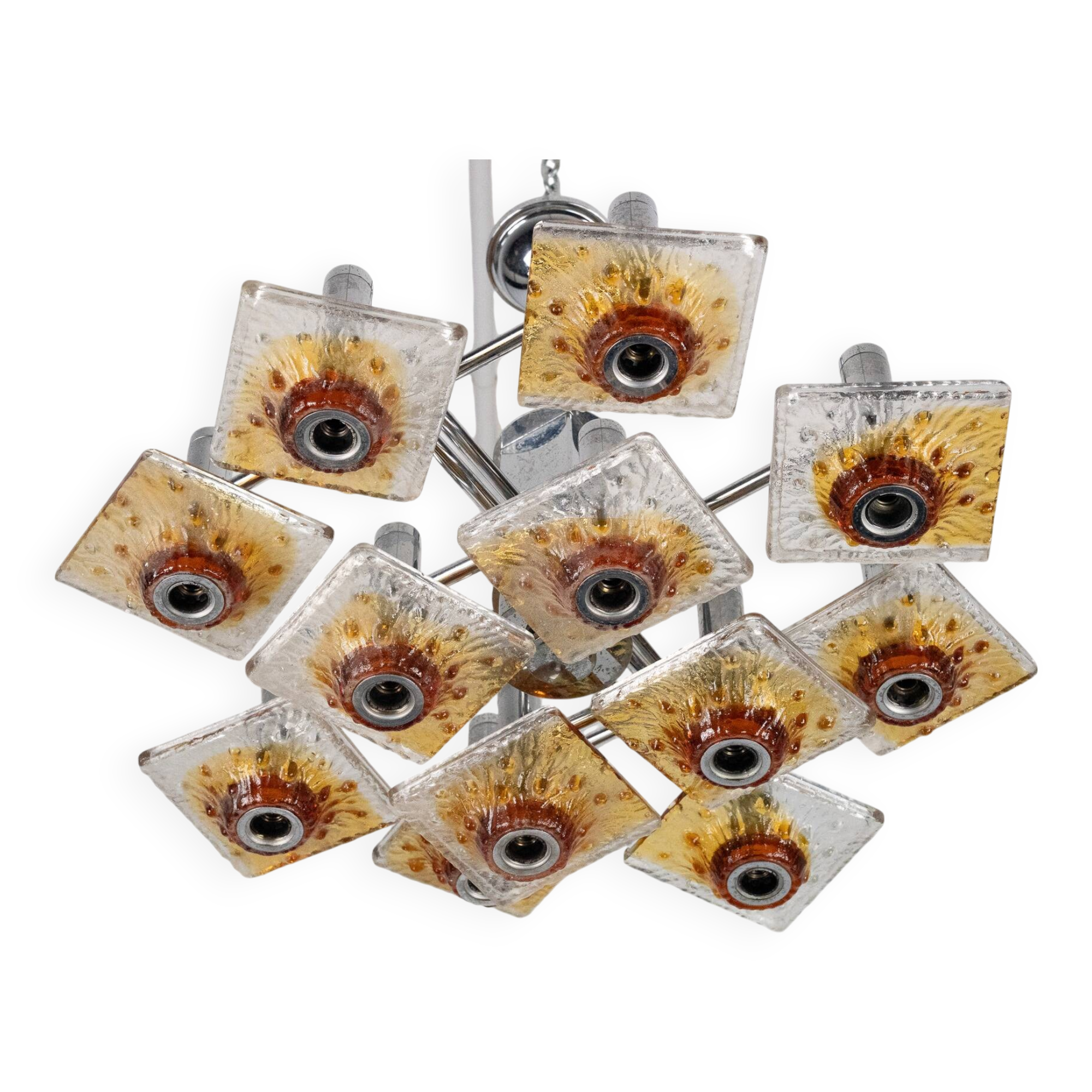 12-light Mazzega chandelier in amber and clear murano glass and chrome. Ita