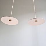 Pair of industrial pendant lights in green enamelled sheet metal