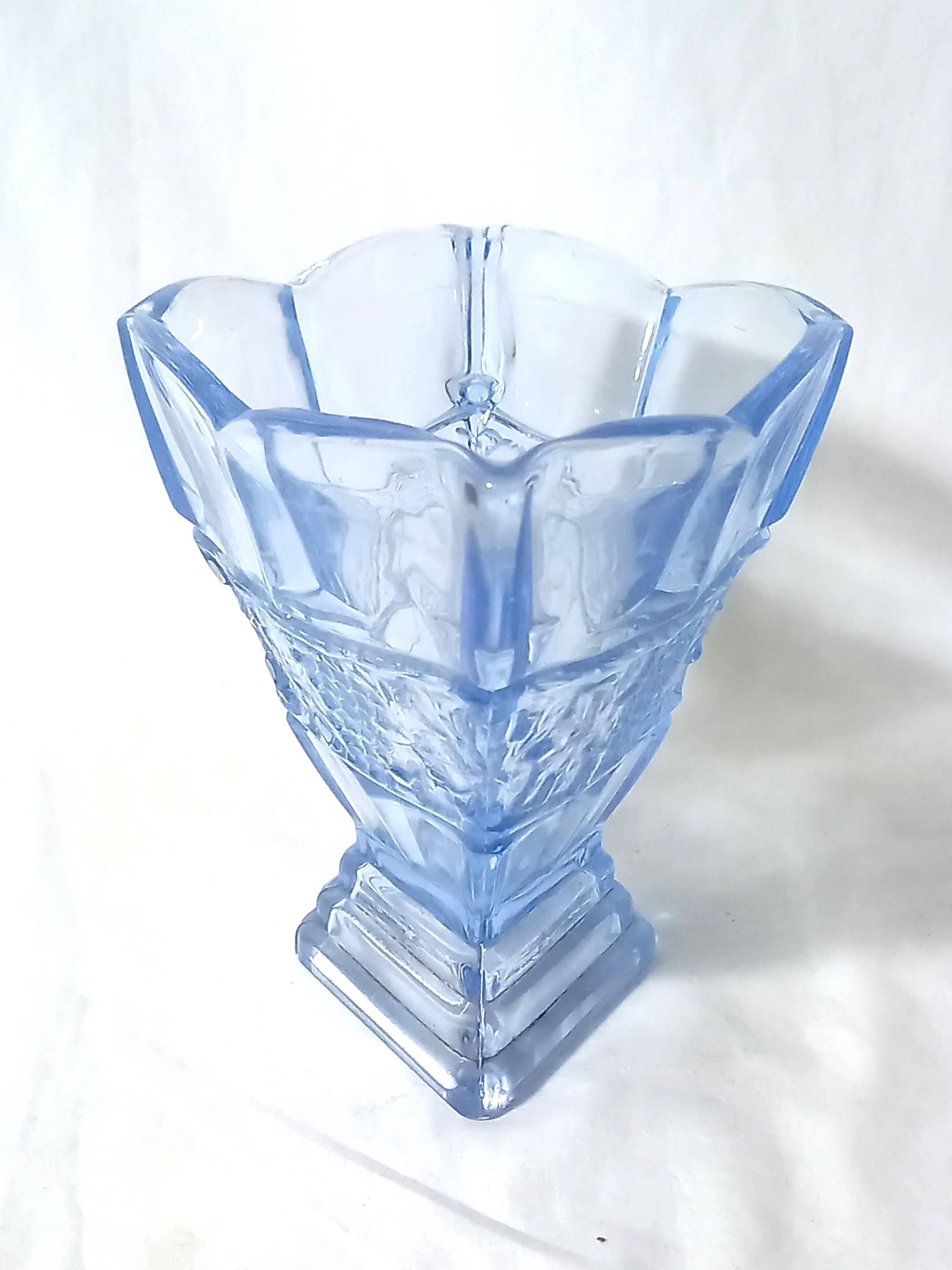 Art deco diamond-shaped vase in light blue color pressed molded glass