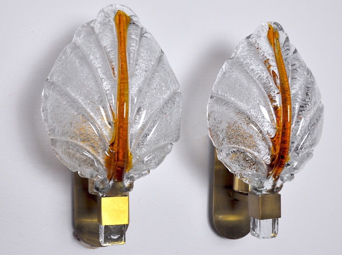Pair of "leaf" wall lamps by Carl Fagerlund, Murano glass, Germany, 1970