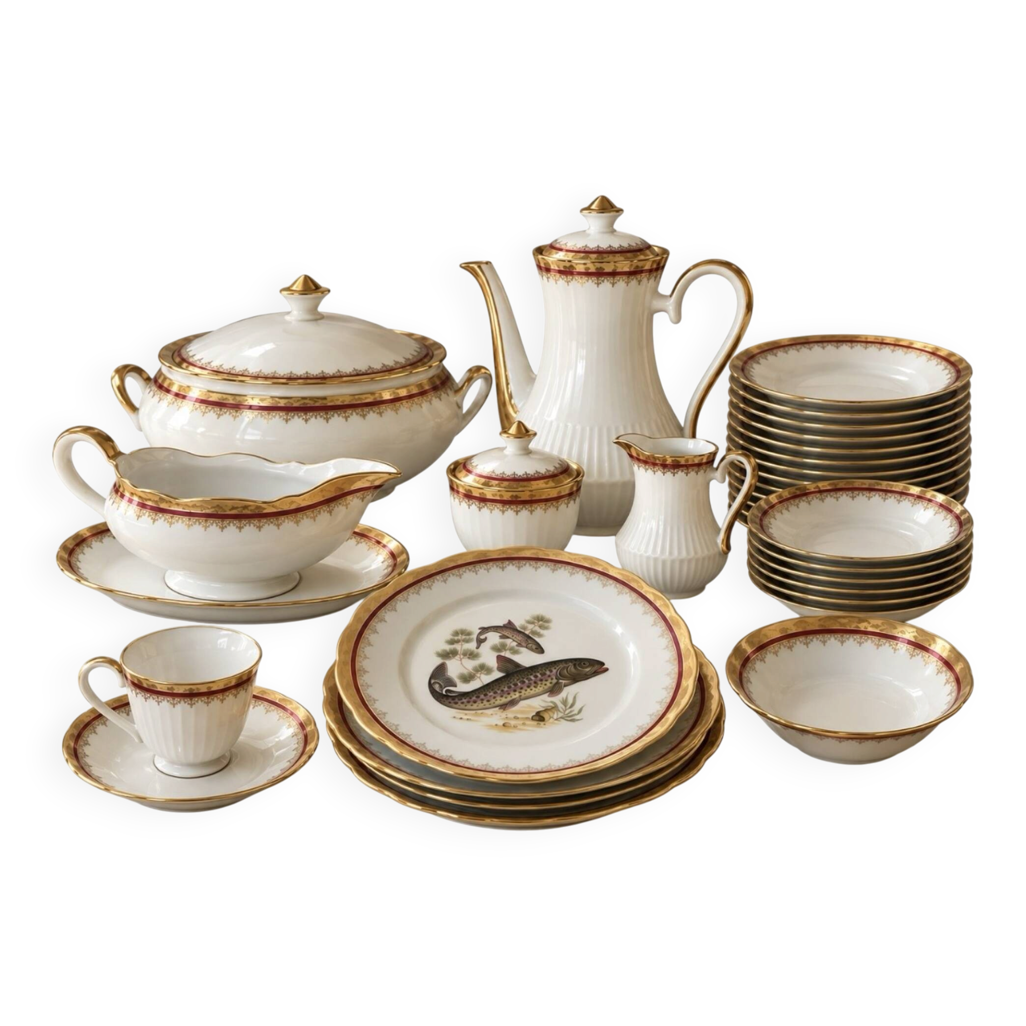 Service complet 78 pièces en porcelaine de Limoges filet or