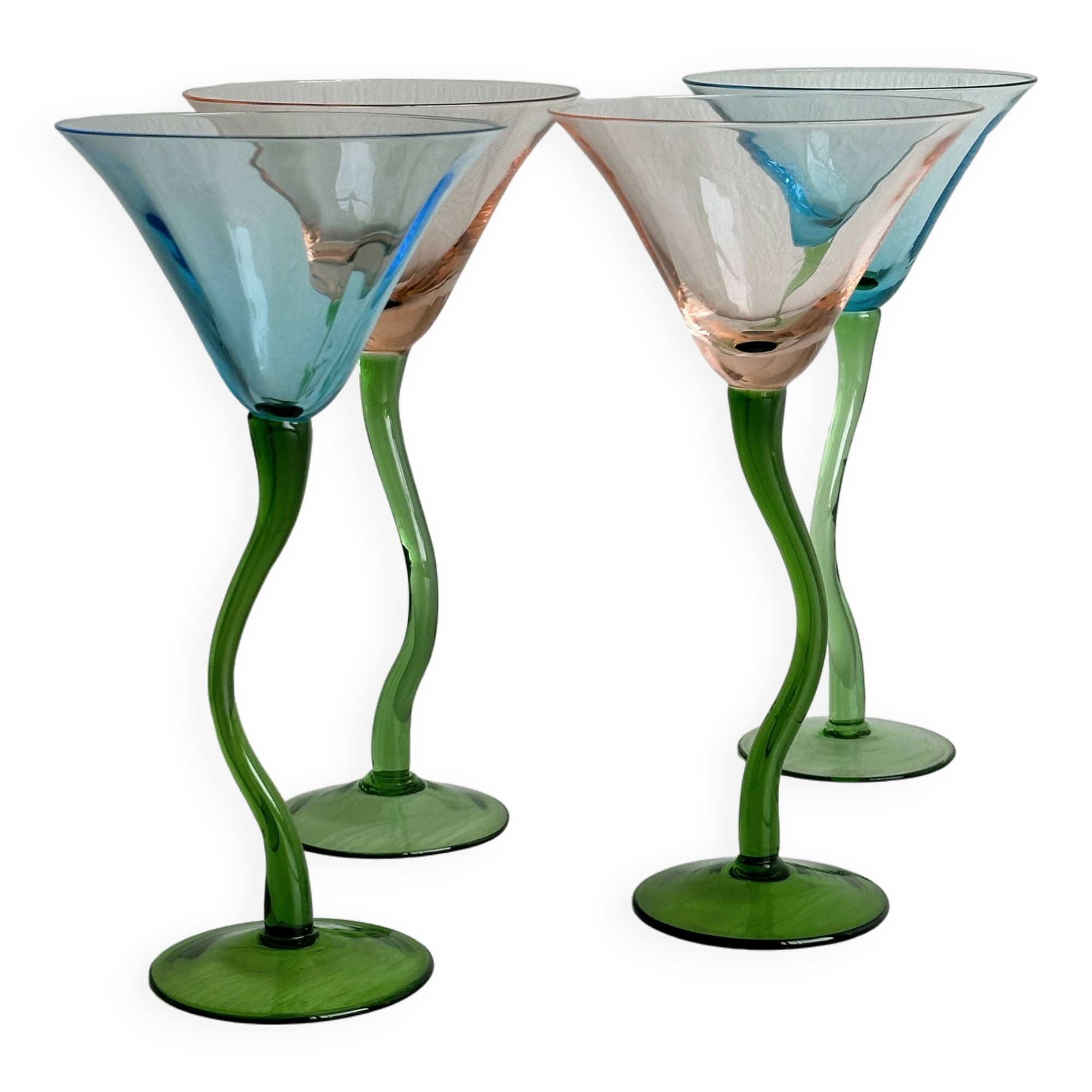 Ensemble de 4 verres à cocktail vintage aux pieds torsadés verts