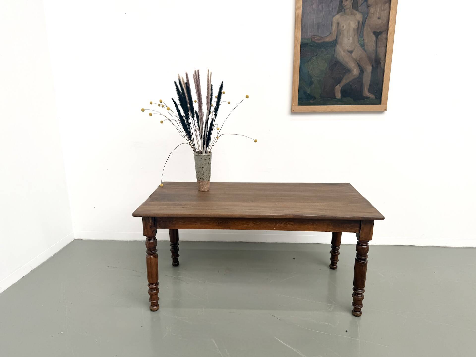 Farm table in solid cherry wood, turned legs, France, around 1900.