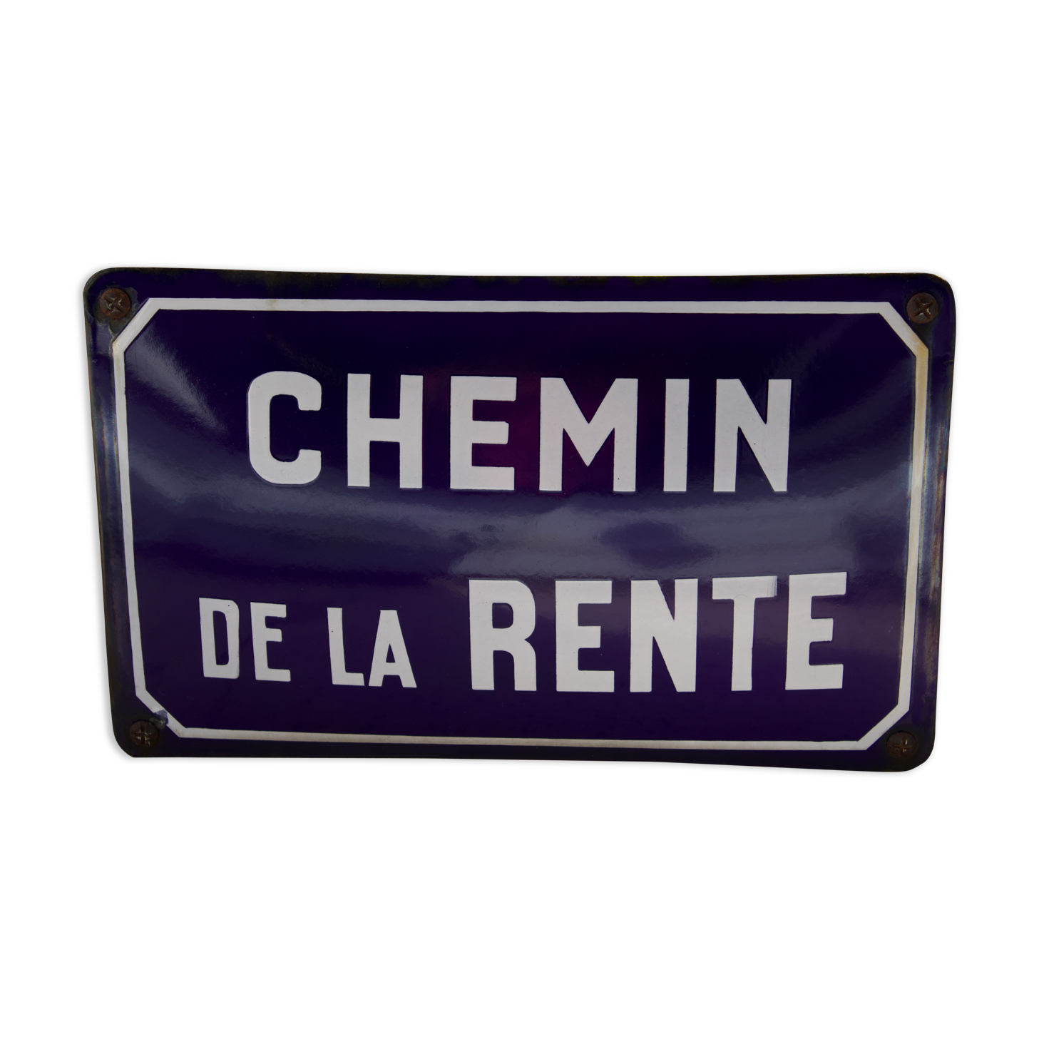 Old Enamelled and bulging "Chemin de la Rente" street plate, in perfect condition, on its cast iron support