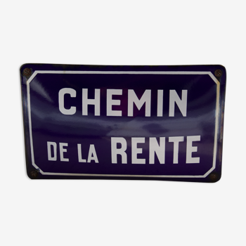 Old Enamelled and bulging "Chemin de la Rente" street plate, in perfect condition, on its cast iron support