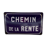 Ancienne plaque de rue émaillée et bombée "chemin de la rente", en parfait état, sur son support en fonte